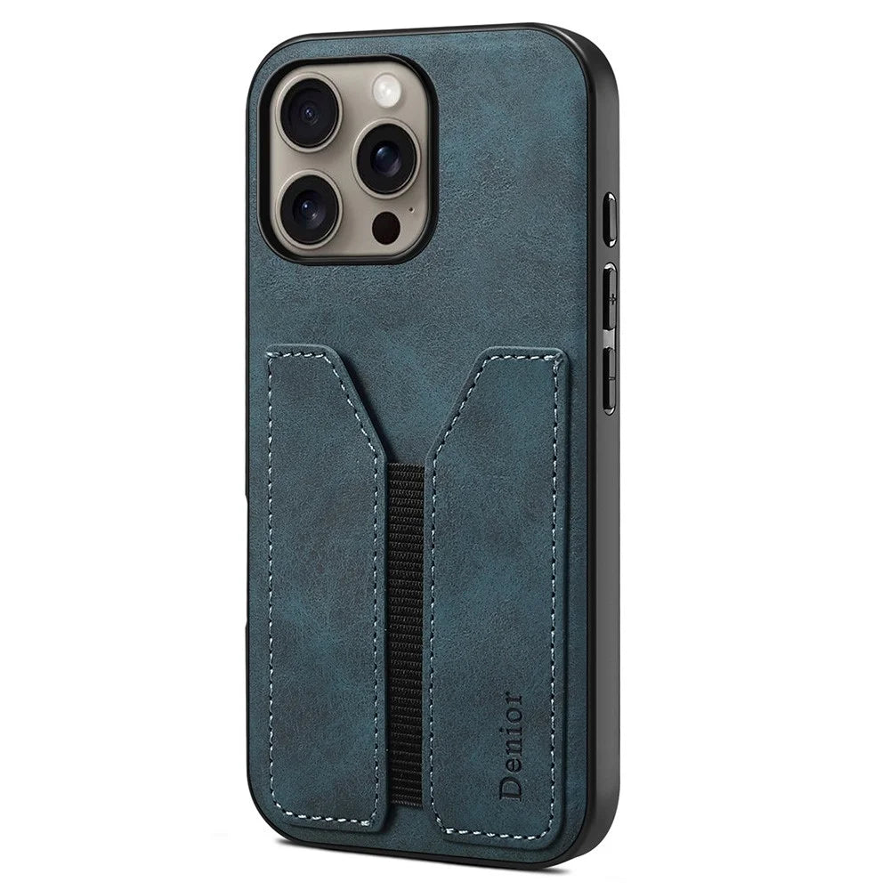 DENIOR For iPhone 16 Pro Max Case Elastic Card Holder PU Leather+TPU+PC Phone Cover - Blue - 1
