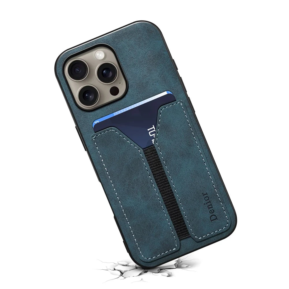 DENIOR For iPhone 16 Pro Max Case Elastic Card Holder PU Leather+TPU+PC Phone Cover - Blue - 2