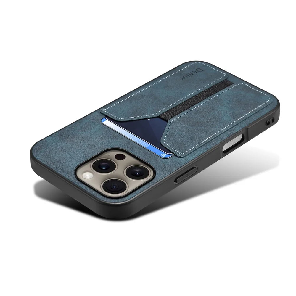 DENIOR For iPhone 16 Pro Max Case Elastic Card Holder PU Leather+TPU+PC Phone Cover - Blue - 3