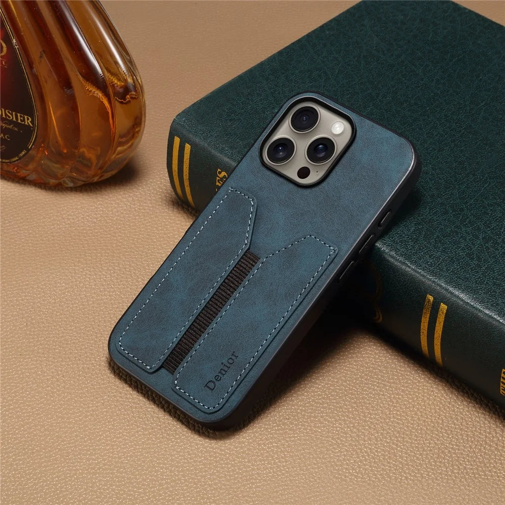DENIOR For iPhone 16 Pro Max Case Elastic Card Holder PU Leather+TPU+PC Phone Cover - Blue - 5