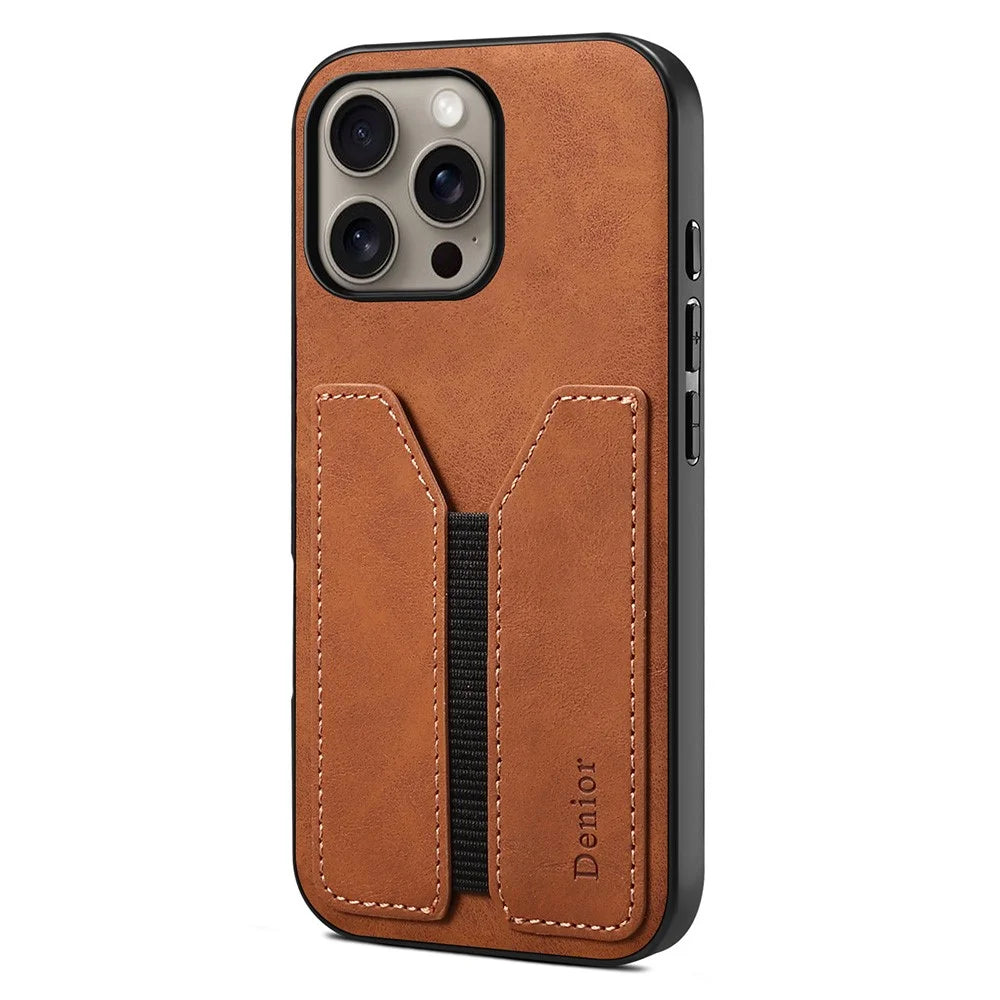 DENIOR For iPhone 16 Pro Case Elastic Card Holder PU Leather+TPU+PC Phone Cover - Brown - 1