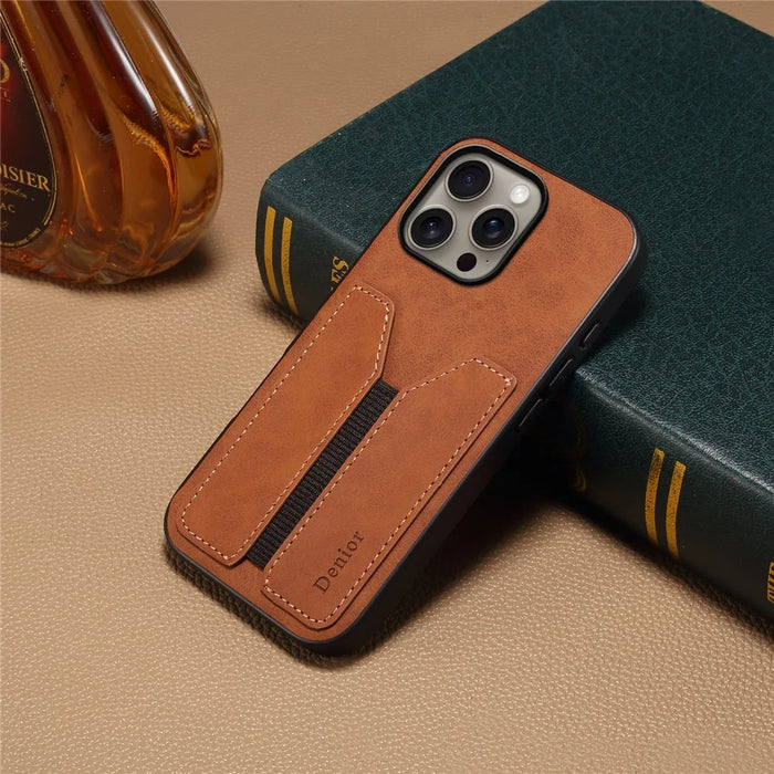 DENIOR For iPhone 16 Pro Case Elastic Card Holder PU Leather+TPU+PC Phone Cover - Brown - 5