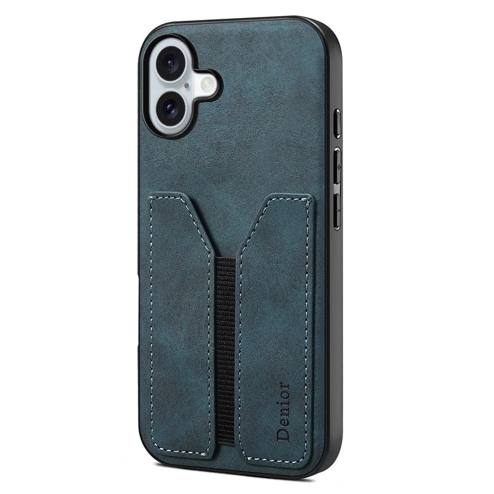 DENIOR For iPhone 16 Plus Case Elastic Card Holder PU Leather+TPU+PC Phone Cover - Blue - 1
