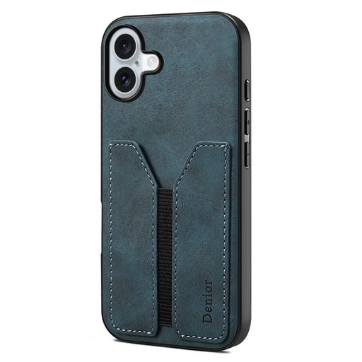 DENIOR For iPhone 16 Plus Case Elastic Card Holder PU Leather+TPU+PC Phone Cover - Blue - 1