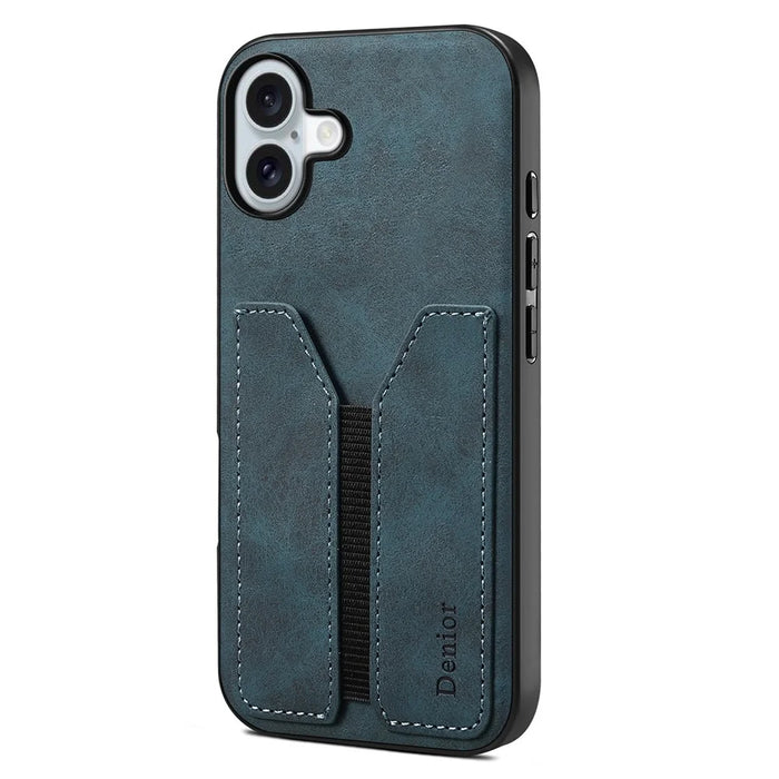 DENIOR For iPhone 16 Plus Case Elastic Card Holder PU Leather+TPU+PC Phone Cover - Blue - 1