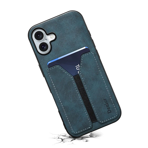 DENIOR For iPhone 16 Plus Case Elastic Card Holder PU Leather+TPU+PC Phone Cover - Blue - 2