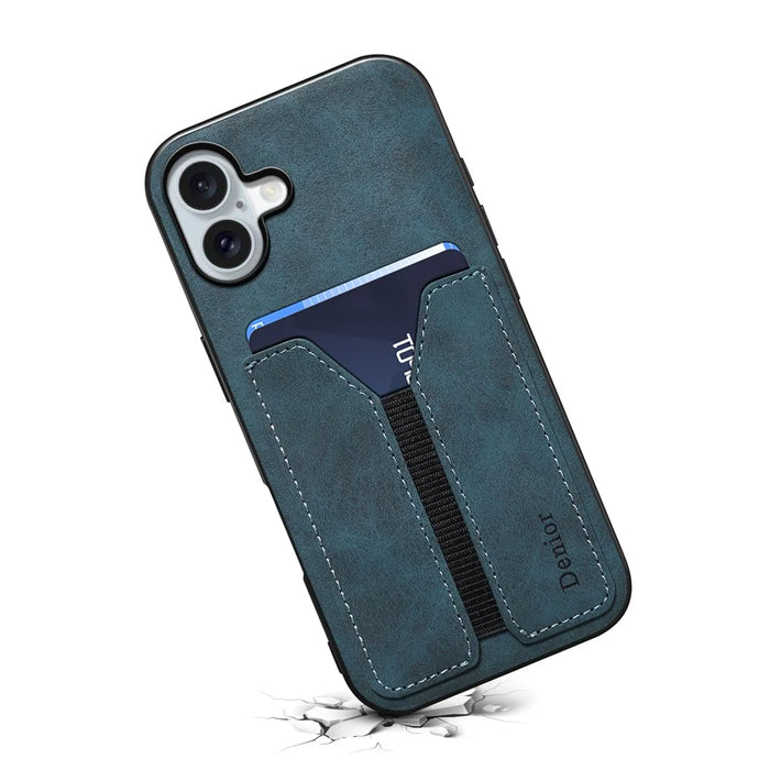 DENIOR For iPhone 16 Plus Case Elastic Card Holder PU Leather+TPU+PC Phone Cover - Blue - 2