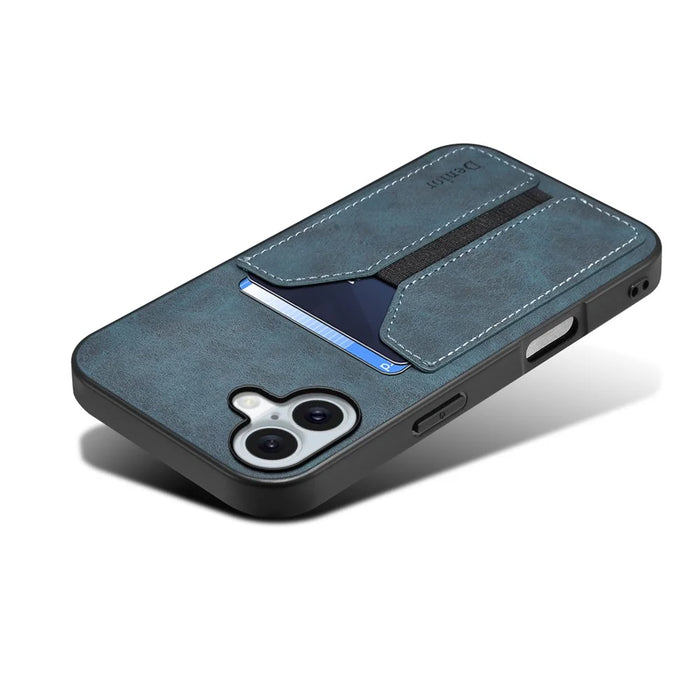 DENIOR For iPhone 16 Plus Case Elastic Card Holder PU Leather+TPU+PC Phone Cover - Blue - 3