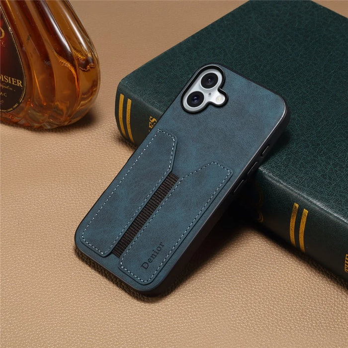 DENIOR For iPhone 16 Plus Case Elastic Card Holder PU Leather+TPU+PC Phone Cover - Blue - 5