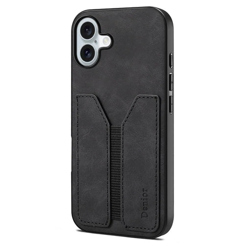 DENIOR For iPhone 16 Case Elastic Card Holder PU Leather+TPU+PC Phone Cover - Black - 1