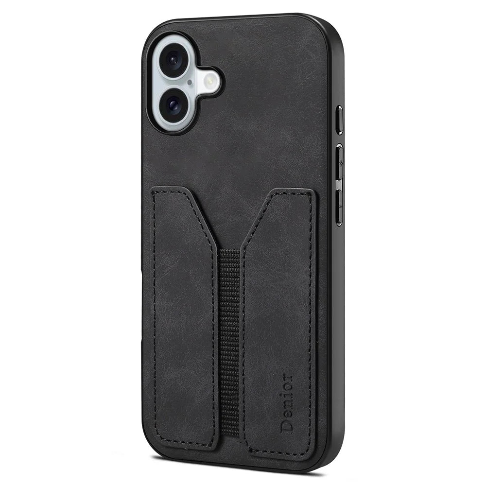 DENIOR For iPhone 16 Case Elastic Card Holder PU Leather+TPU+PC Phone Cover - Black - 1