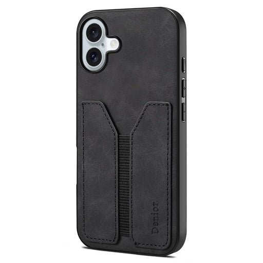 DENIOR For iPhone 16 Case Elastic Card Holder PU Leather+TPU+PC Phone Cover - Black - 1