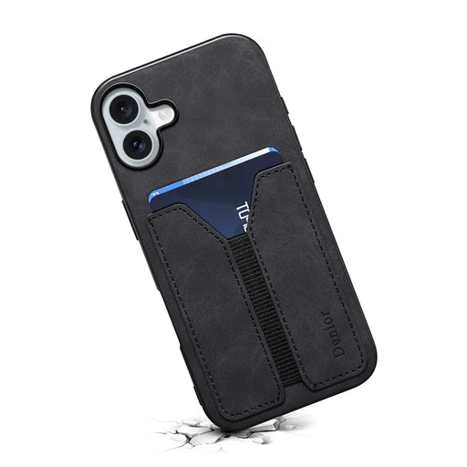 DENIOR For iPhone 16 Case Elastic Card Holder PU Leather+TPU+PC Phone Cover - Black - 2