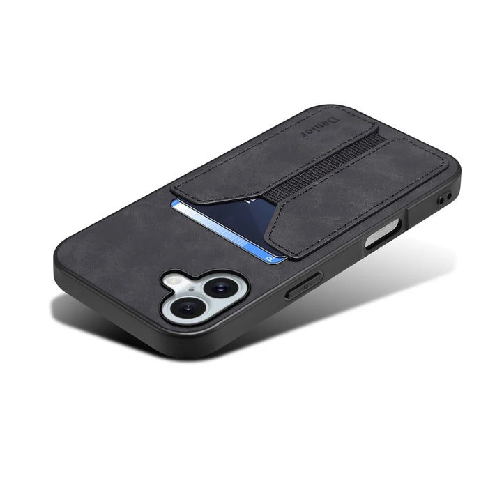 DENIOR For iPhone 16 Case Elastic Card Holder PU Leather+TPU+PC Phone Cover - Black - 3