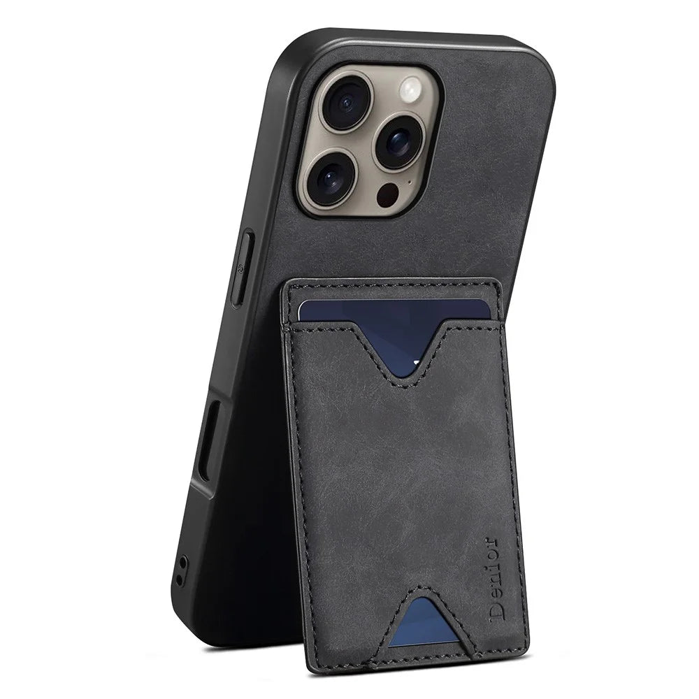 DENIOR For iPhone 16 Pro Max Case Leather+TPU Card Slot Kickstand Phone Cover - Black - 1