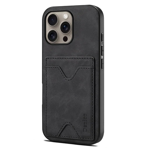 DENIOR For iPhone 16 Pro Max Case Leather+TPU Card Slot Kickstand Phone Cover - Black - 2