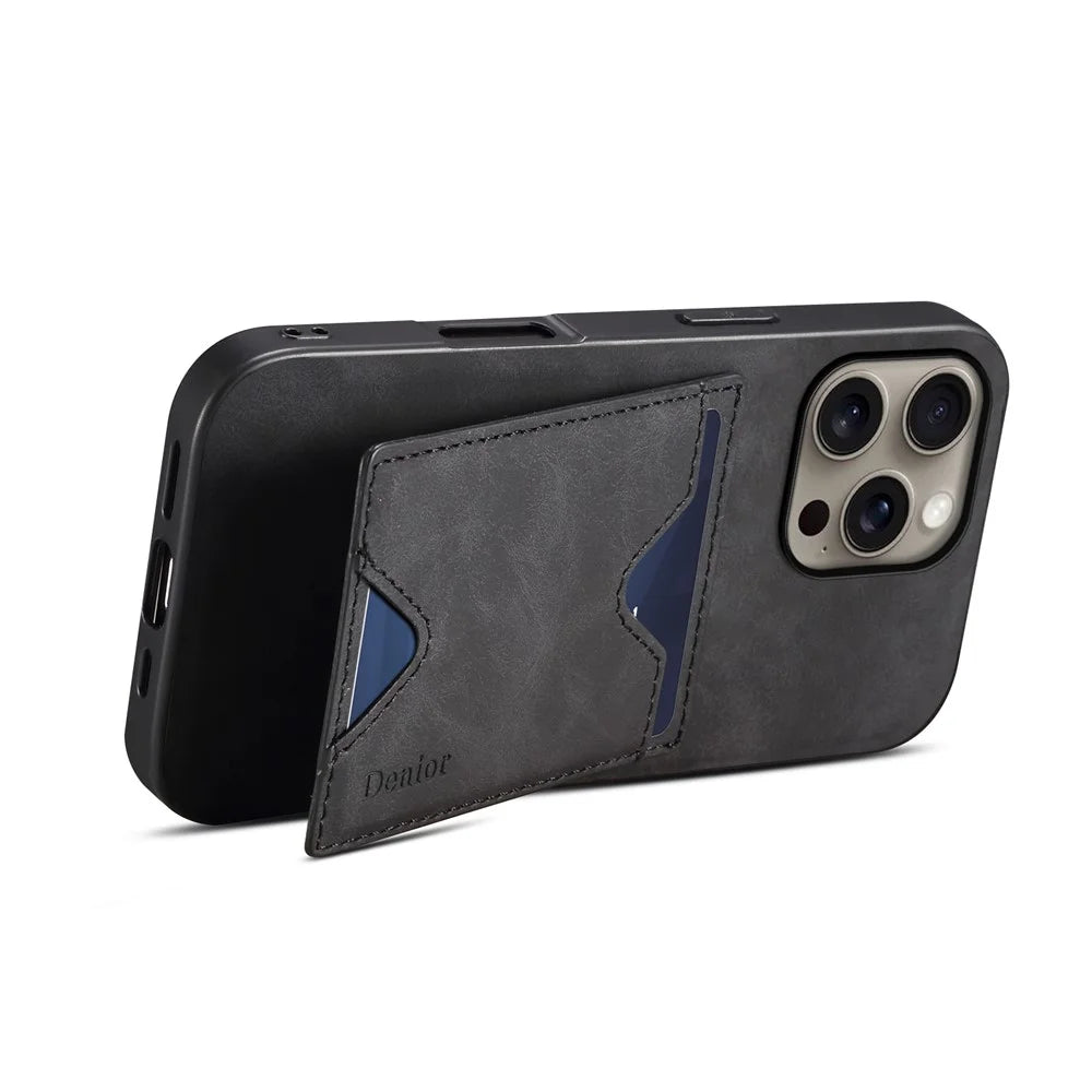 DENIOR For iPhone 16 Pro Max Case Leather+TPU Card Slot Kickstand Phone Cover - Black - 3