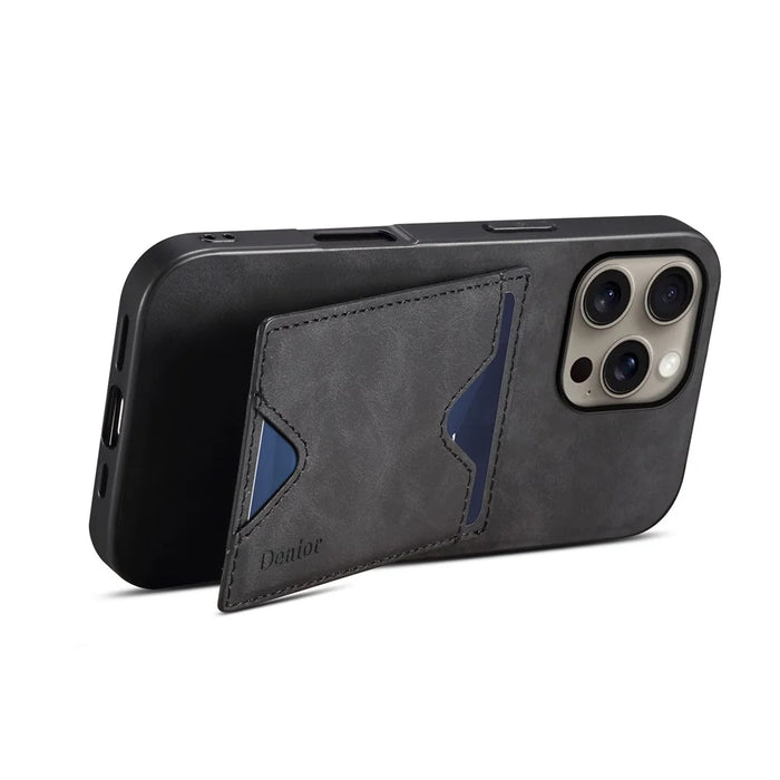 DENIOR For iPhone 16 Pro Max Case Leather+TPU Card Slot Kickstand Phone Cover - Black - 3