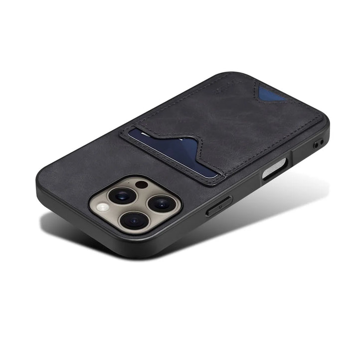 DENIOR For iPhone 16 Pro Max Case Leather+TPU Card Slot Kickstand Phone Cover - Black - 4