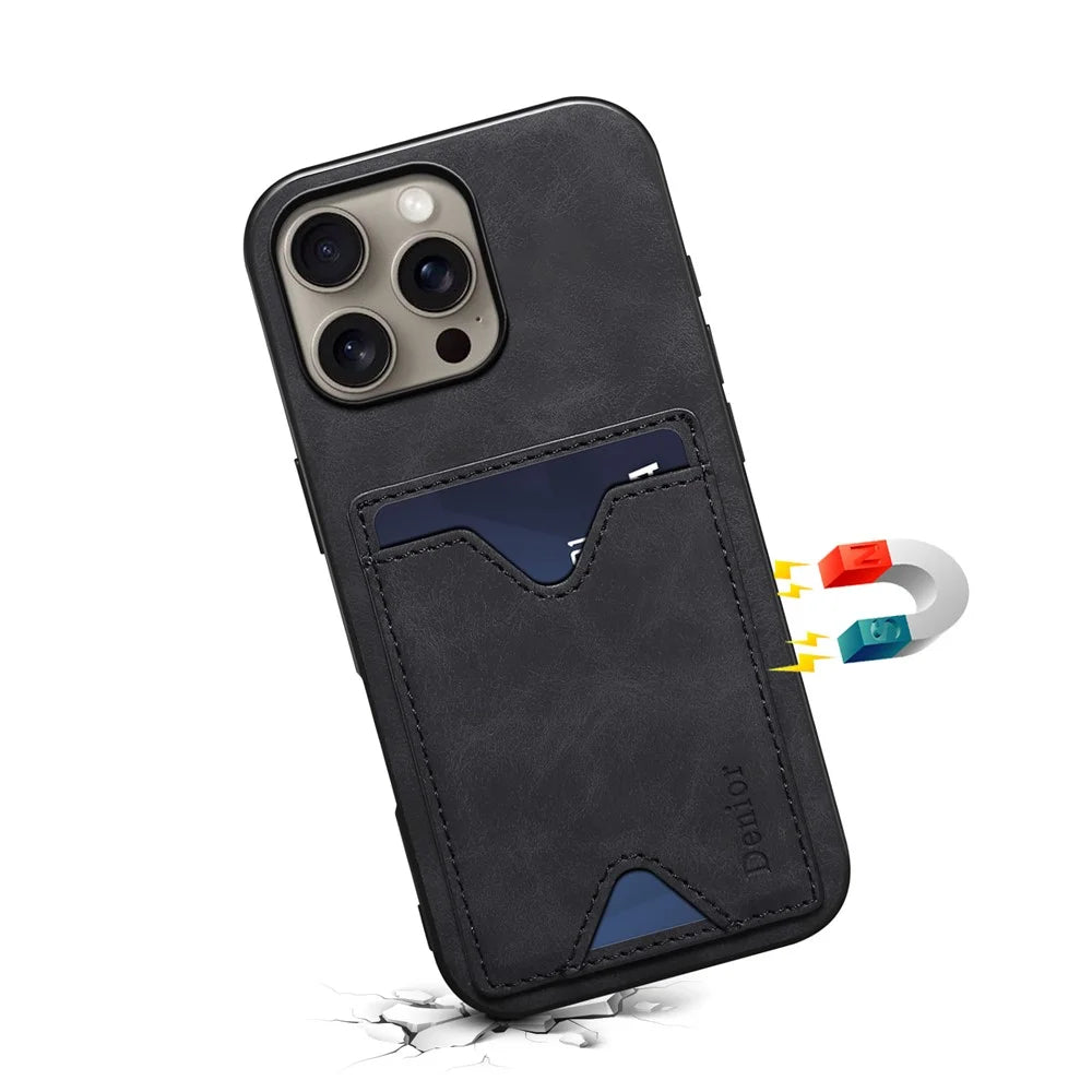 DENIOR For iPhone 16 Pro Max Case Leather+TPU Card Slot Kickstand Phone Cover - Black - 5