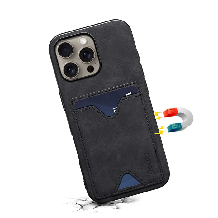 DENIOR For iPhone 16 Pro Max Case Leather+TPU Card Slot Kickstand Phone Cover - Black - 5