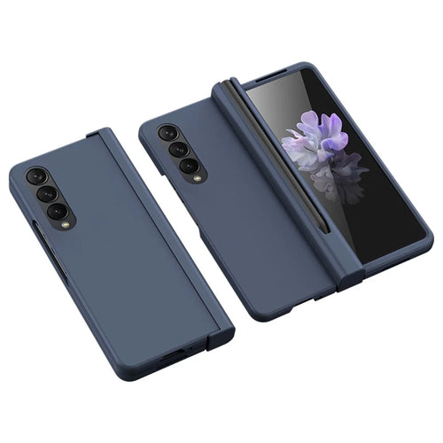 For Samsung Galaxy Z Fold4 5G Phone Case Rubberized Surface Hard PC Cover with Glass Screen Protector / Pen Slot - Blue - 1
