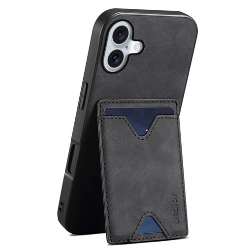 DENIOR For iPhone 16 Plus Case Leather+TPU Card Slot Kickstand Phone Cover - Black - 1