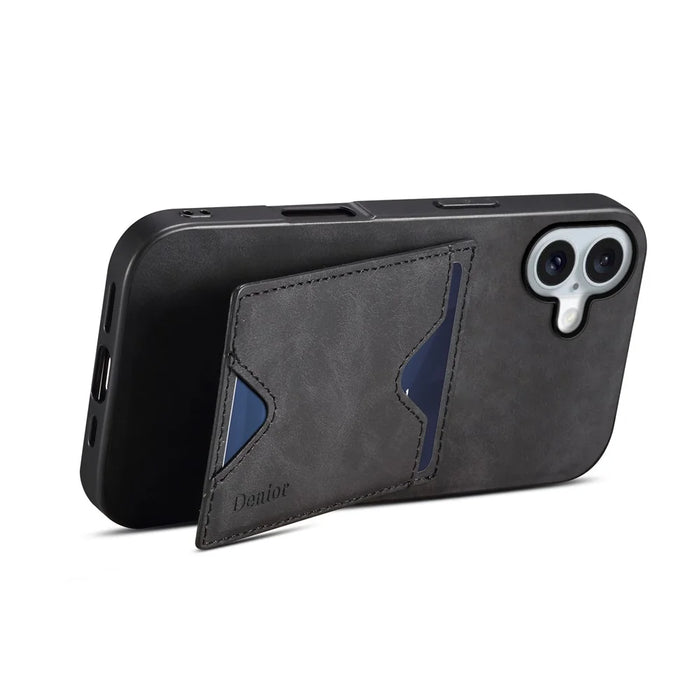 DENIOR For iPhone 16 Plus Case Leather+TPU Card Slot Kickstand Phone Cover - Black - 2