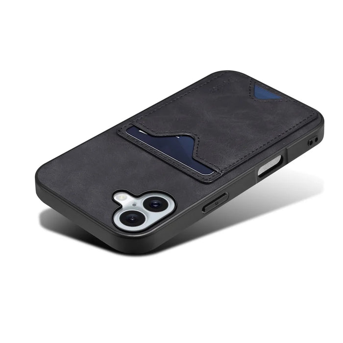 DENIOR For iPhone 16 Plus Case Leather+TPU Card Slot Kickstand Phone Cover - Black - 4