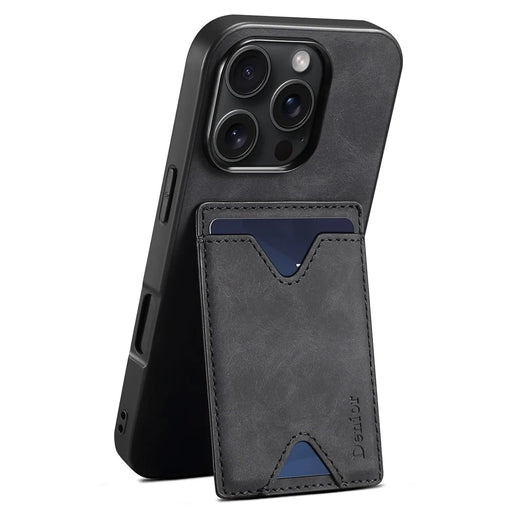 DENIOR For iPhone 16 Pro Case Leather+TPU Card Slot Kickstand Phone Cover - Black - 1