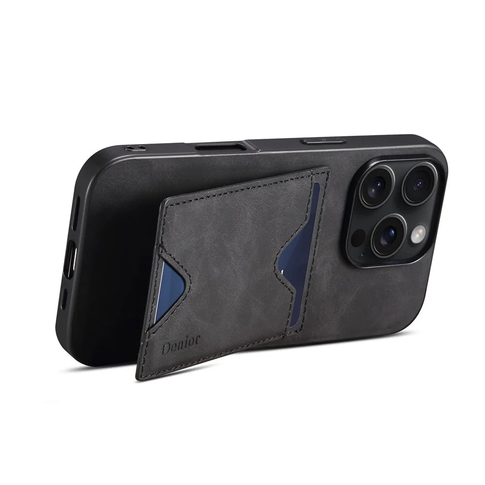 DENIOR For iPhone 16 Pro Case Leather+TPU Card Slot Kickstand Phone Cover - Black - 2