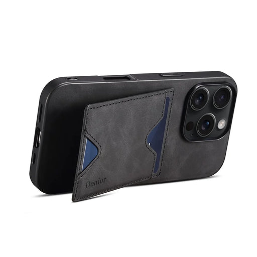 DENIOR For iPhone 16 Pro Case Leather+TPU Card Slot Kickstand Phone Cover - Black - 2