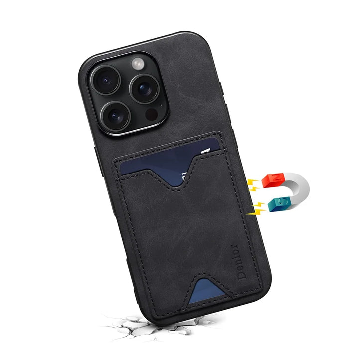DENIOR For iPhone 16 Pro Case Leather+TPU Card Slot Kickstand Phone Cover - Black - 3