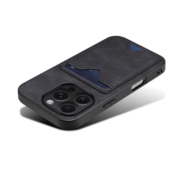 DENIOR For iPhone 16 Pro Case Leather+TPU Card Slot Kickstand Phone Cover - Black - 4