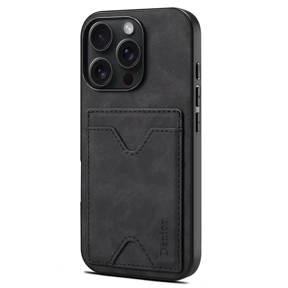 DENIOR For iPhone 16 Pro Case Leather+TPU Card Slot Kickstand Phone Cover - Black - 5