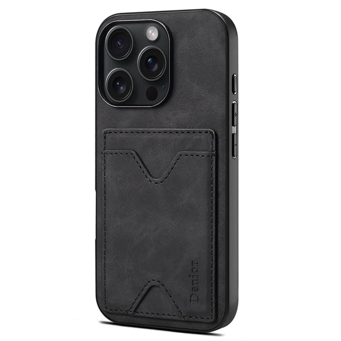 DENIOR For iPhone 16 Pro Case Leather+TPU Card Slot Kickstand Phone Cover - Black - 5