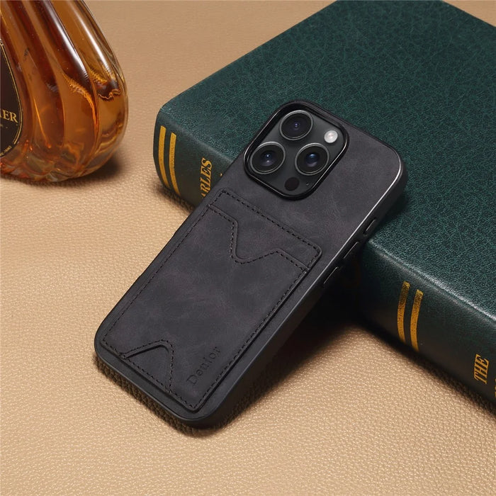 DENIOR For iPhone 16 Pro Case Leather+TPU Card Slot Kickstand Phone Cover - Black - 7