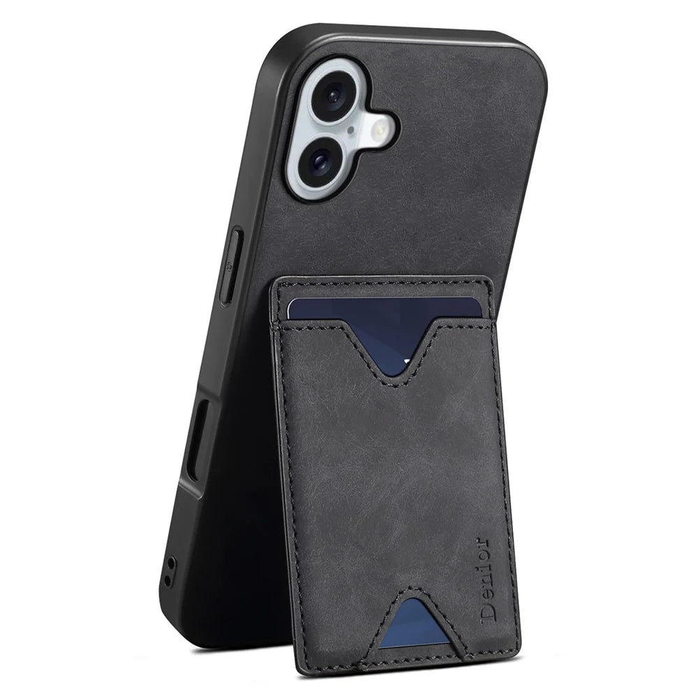 DENIOR For iPhone 16 Case Leather+TPU Card Slot Kickstand Phone Cover - Black - 1