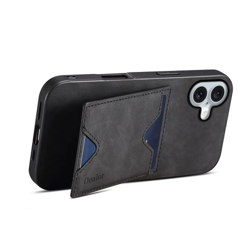 DENIOR For iPhone 16 Case Leather+TPU Card Slot Kickstand Phone Cover - Black - 2
