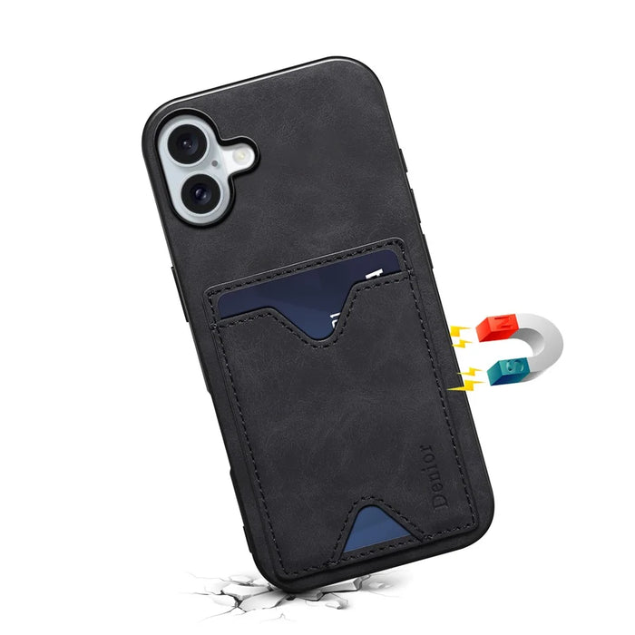 DENIOR For iPhone 16 Case Leather+TPU Card Slot Kickstand Phone Cover - Black - 3