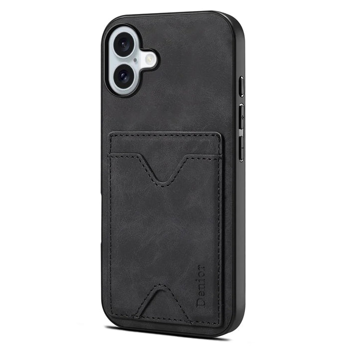 DENIOR For iPhone 16 Case Leather+TPU Card Slot Kickstand Phone Cover - Black - 5