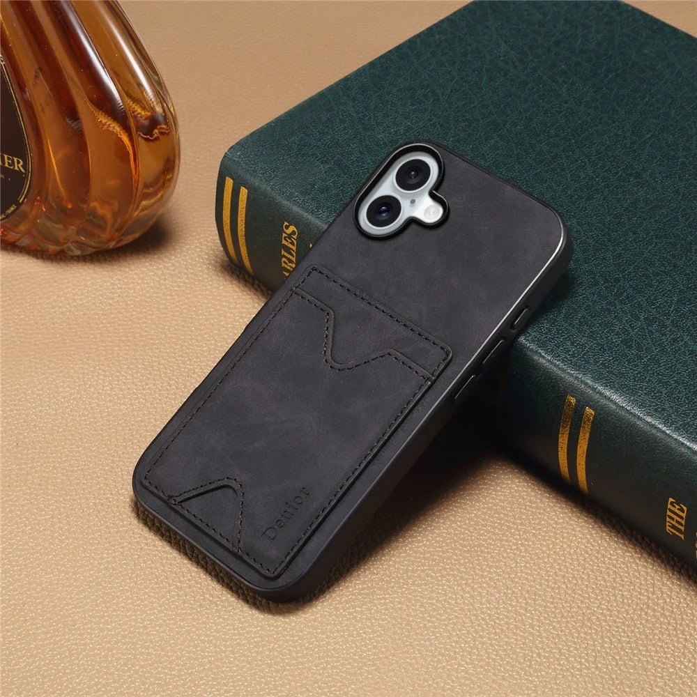 DENIOR For iPhone 16 Case Leather+TPU Card Slot Kickstand Phone Cover - Black - 7