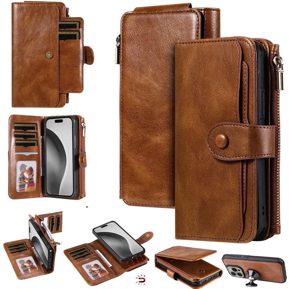 For iPhone 16 Pro Magnetic Case Detachable PU Leather Zipper Wallet Cover - Brown - 1