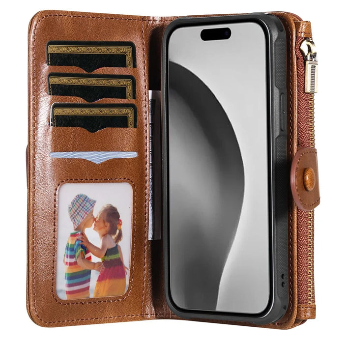 For iPhone 16 Pro Magnetic Case Detachable PU Leather Zipper Wallet Cover - Brown - 2