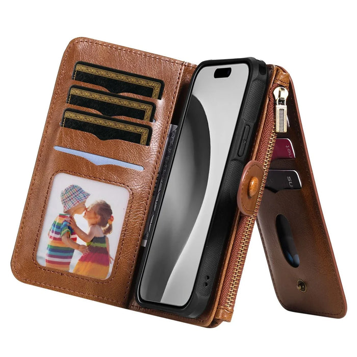 For iPhone 16 Pro Magnetic Case Detachable PU Leather Zipper Wallet Cover - Brown - 3