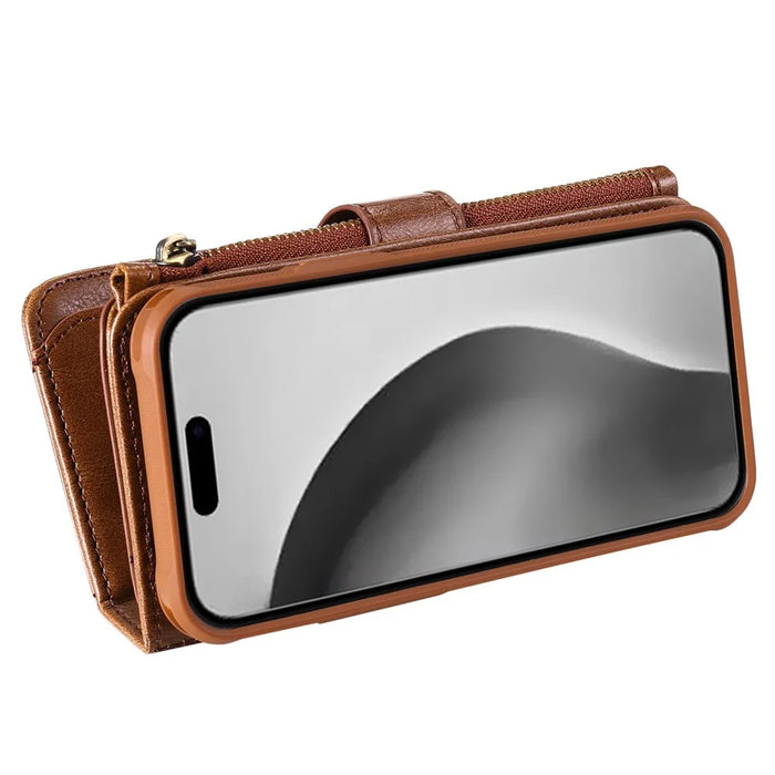For iPhone 16 Pro Magnetic Case Detachable PU Leather Zipper Wallet Cover - Brown - 4