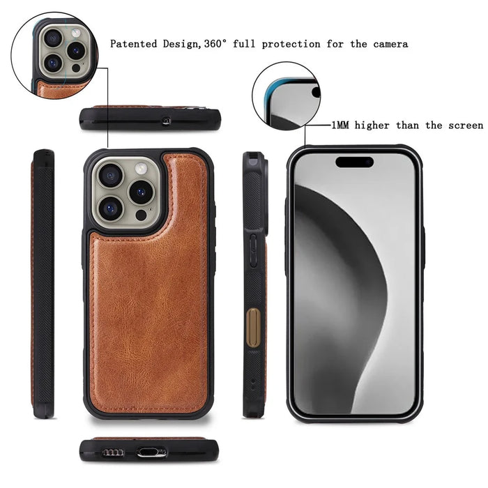 For iPhone 16 Pro Magnetic Case Detachable PU Leather Zipper Wallet Cover - Brown - 5