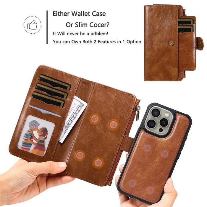 For iPhone 16 Pro Magnetic Case Detachable PU Leather Zipper Wallet Cover - Brown - 6