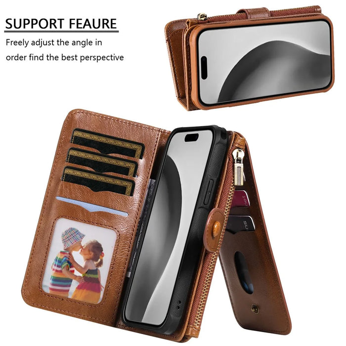 For iPhone 16 Pro Magnetic Case Detachable PU Leather Zipper Wallet Cover - Brown - 7