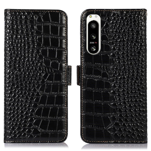 Genuine Cowhide Leather Case for Sony Xperia 5 IV 5G, Crocodile Texture Stand Wallet RFID Blocking Folio Flip Phone Cover - Black - 1